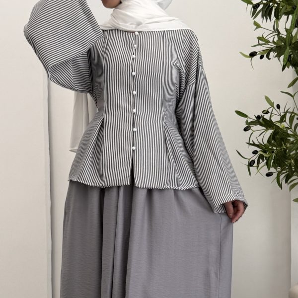 Stripped Linen Blouse - Grey đ©¶